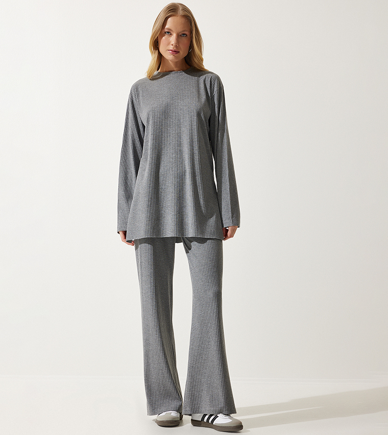 Corded Long Sleeves Knitted Top and Trousers Set