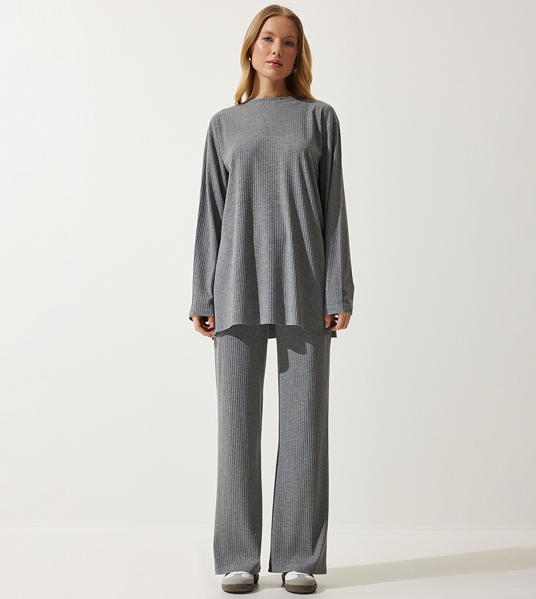 Corded Long Sleeves Knitted Top and Trousers Set