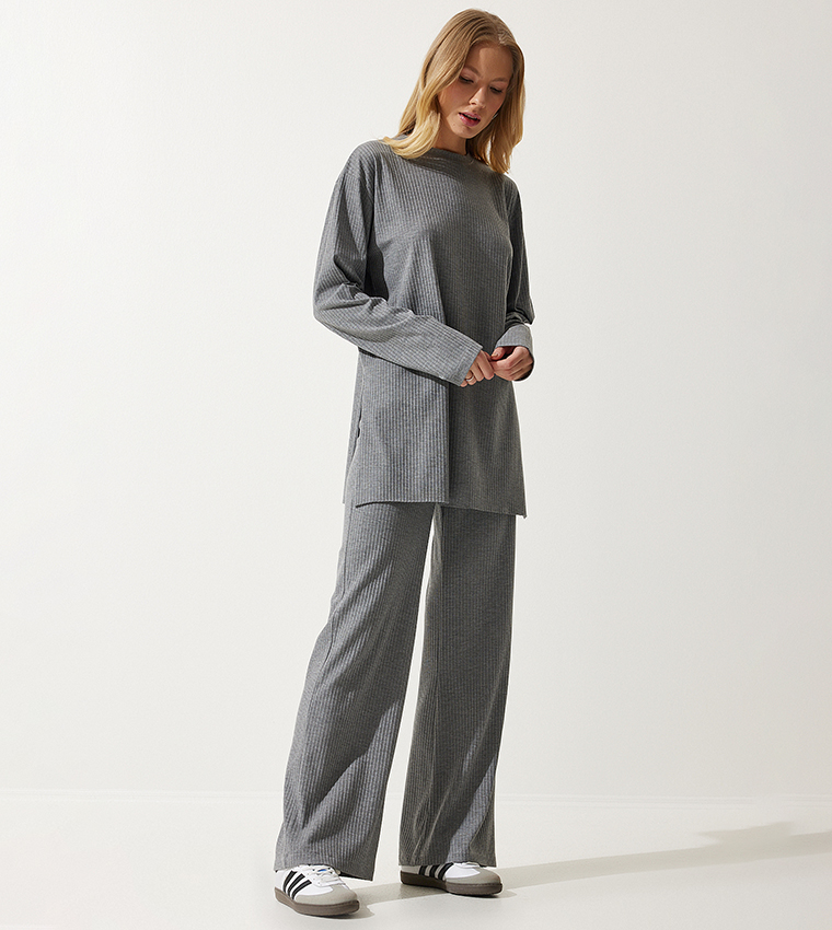 Corded Long Sleeves Knitted Top and Trousers Set