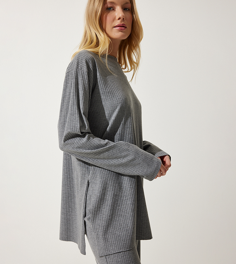 Corded Long Sleeves Knitted Top and Trousers Set