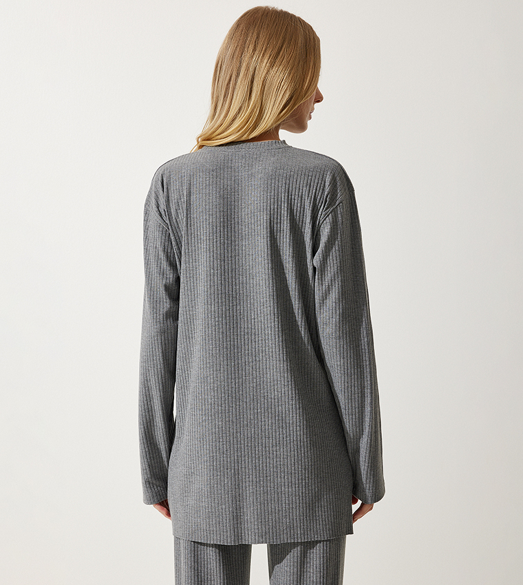 Corded Long Sleeves Knitted Top and Trousers Set