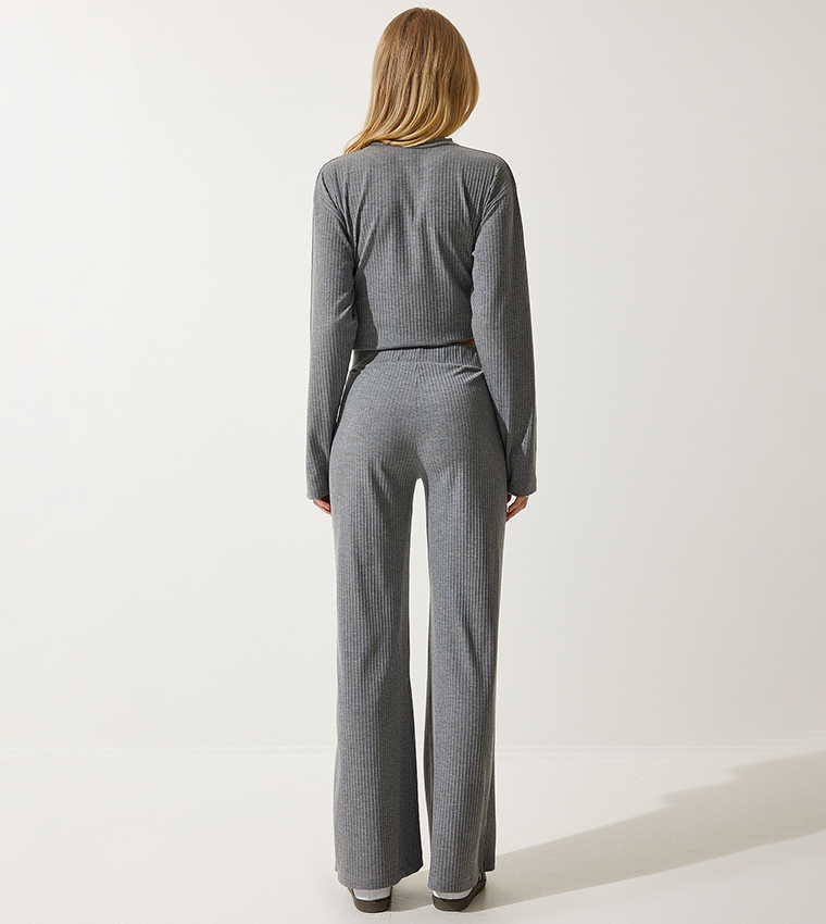 Corded Long Sleeves Knitted Top and Trousers Set