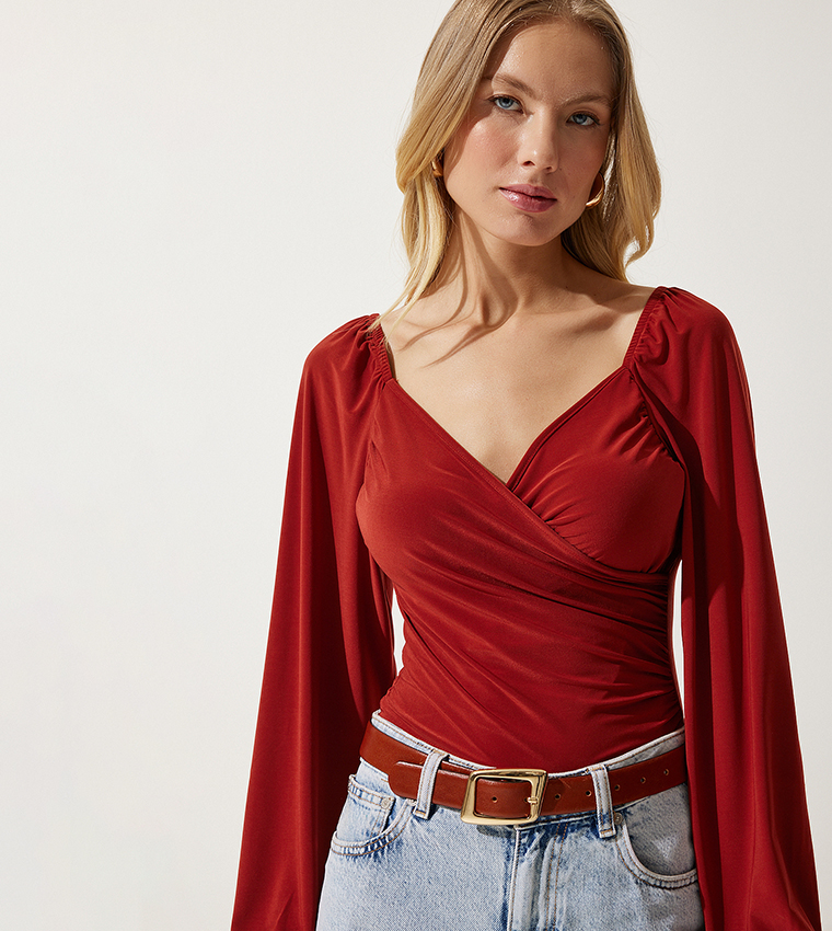 Vivo Jema V-Neck Bishop Sleeve Top - Orange