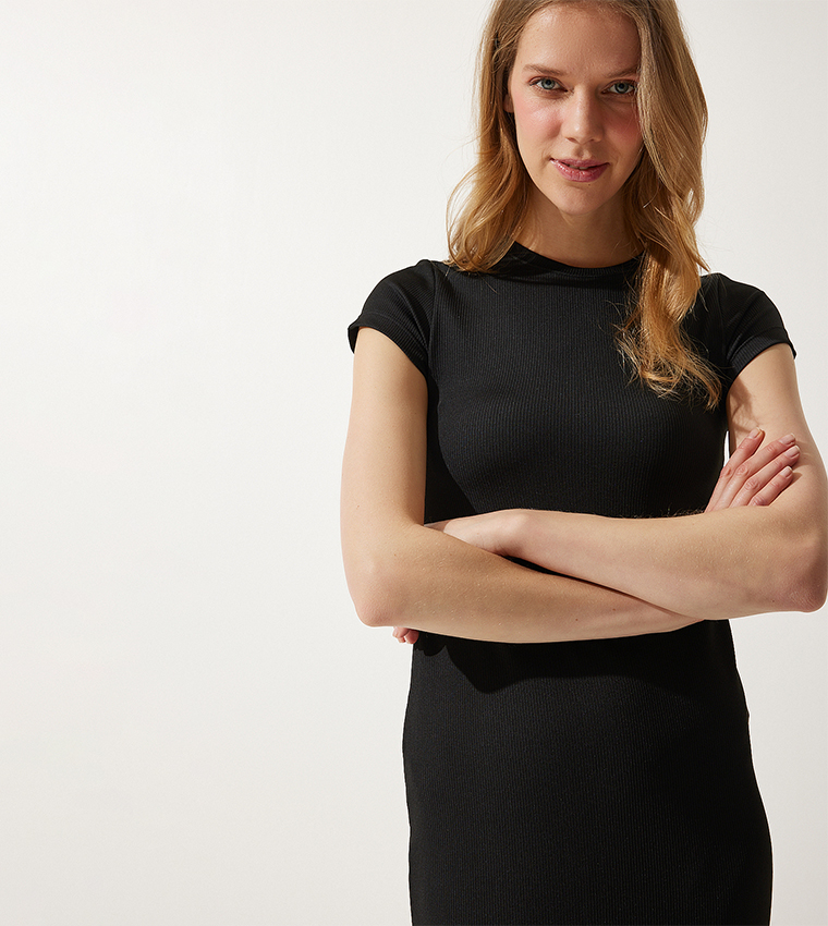 Ribbed Cap Sleeves Midi Dress