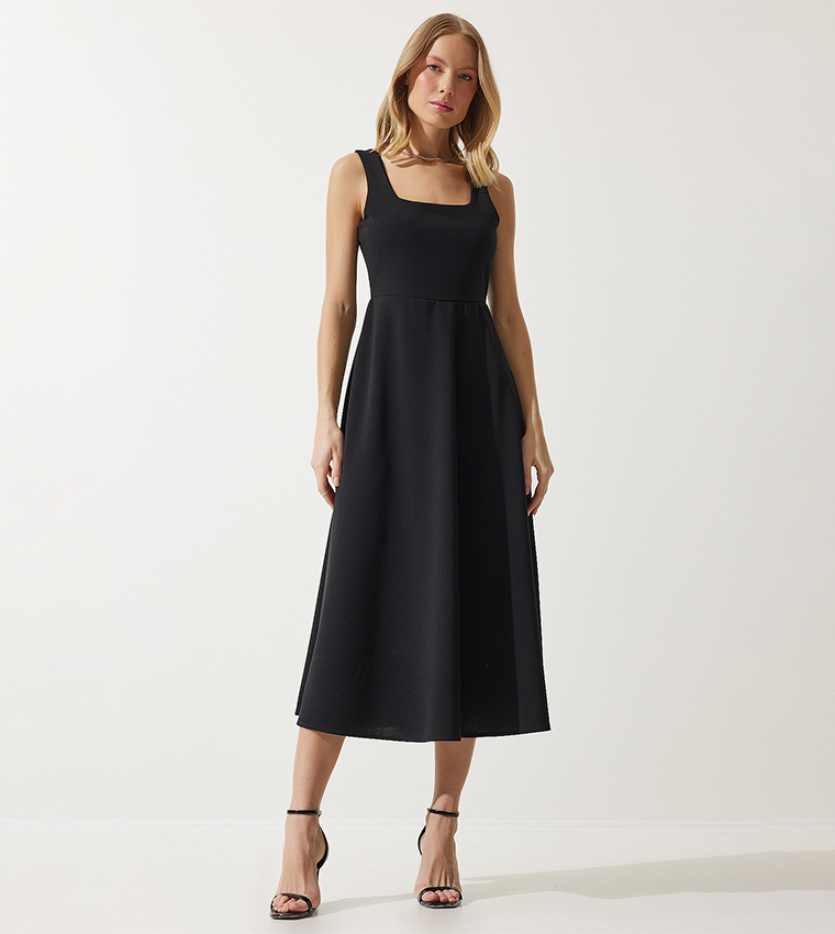 tight prom dresses black Petite Square Neck Midi Dress Black – House of Arti main image 0