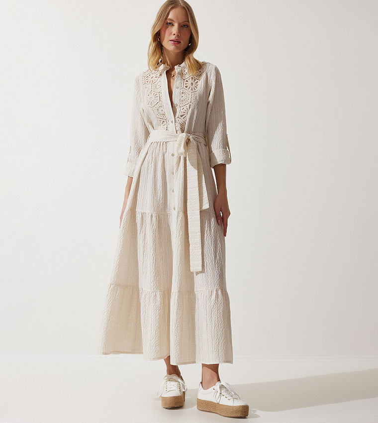 Buy Happiness İstanbul Outlet Lace Detail Long Sleeves Linen Shirt