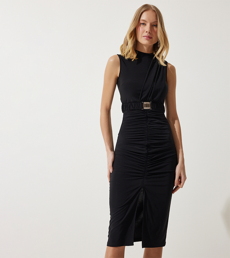 Belted Ruched Knitted Dress