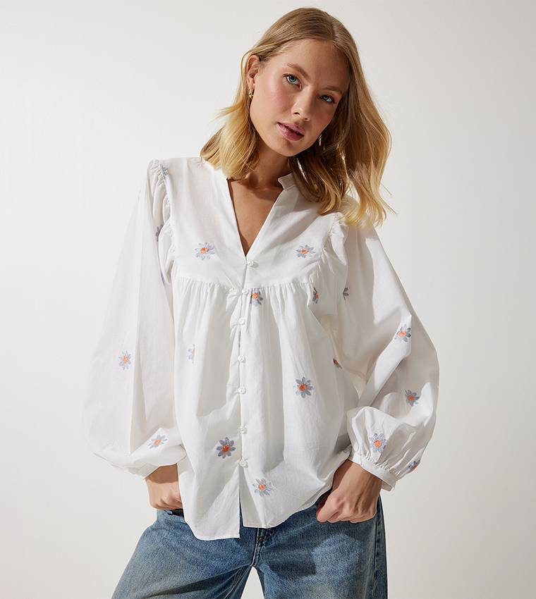 Embroidered Lined Linen Top