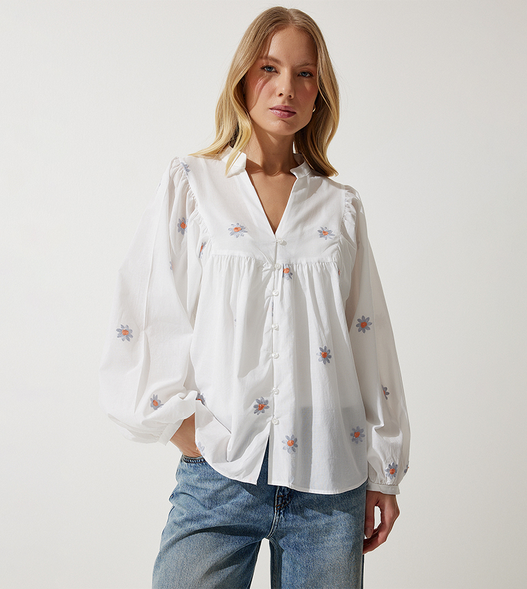 Embroidered Lined Linen Top