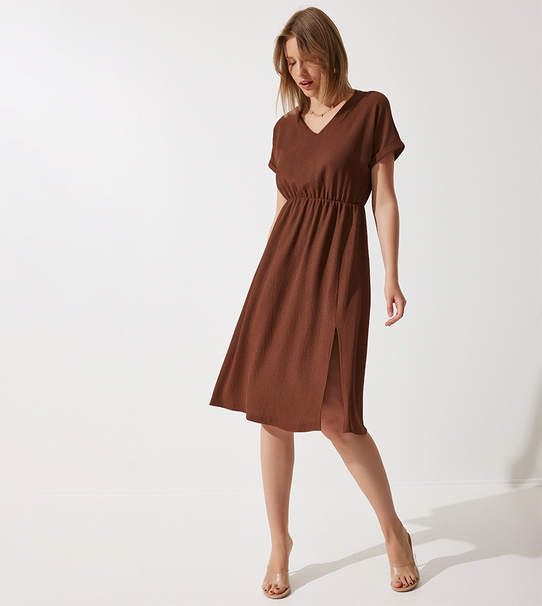 Buy Happiness stanbul Solid V Neck Fit And Flare Dress In Brown |  6thstreet Bahrain