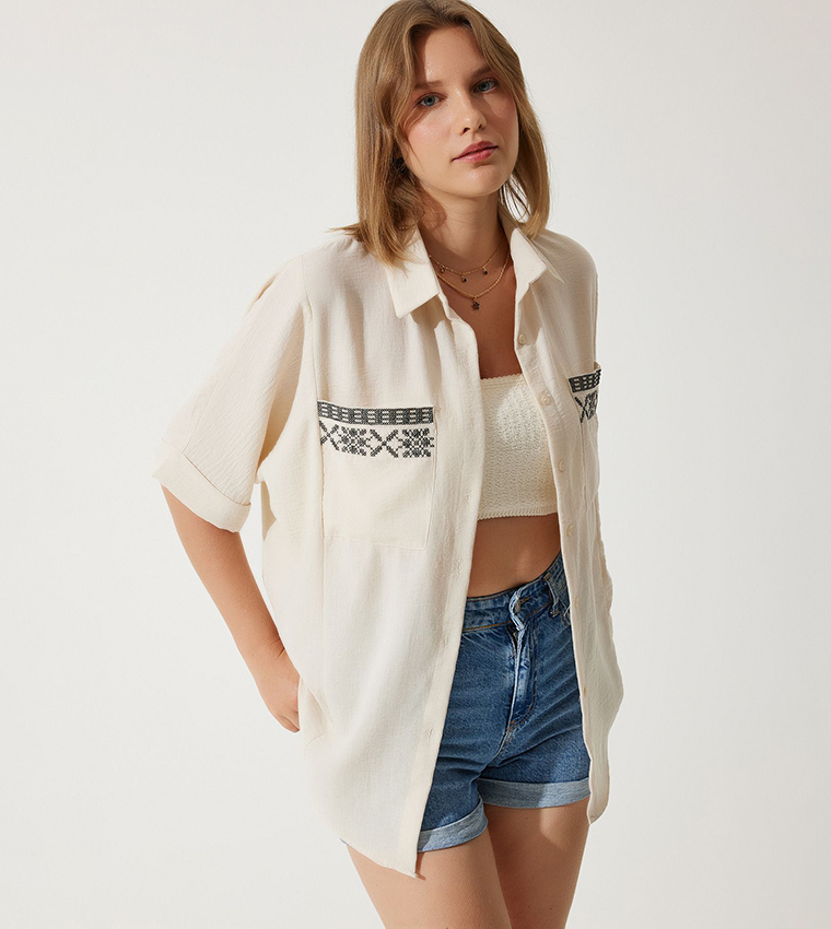Embroidered Linen Oversized Shirt