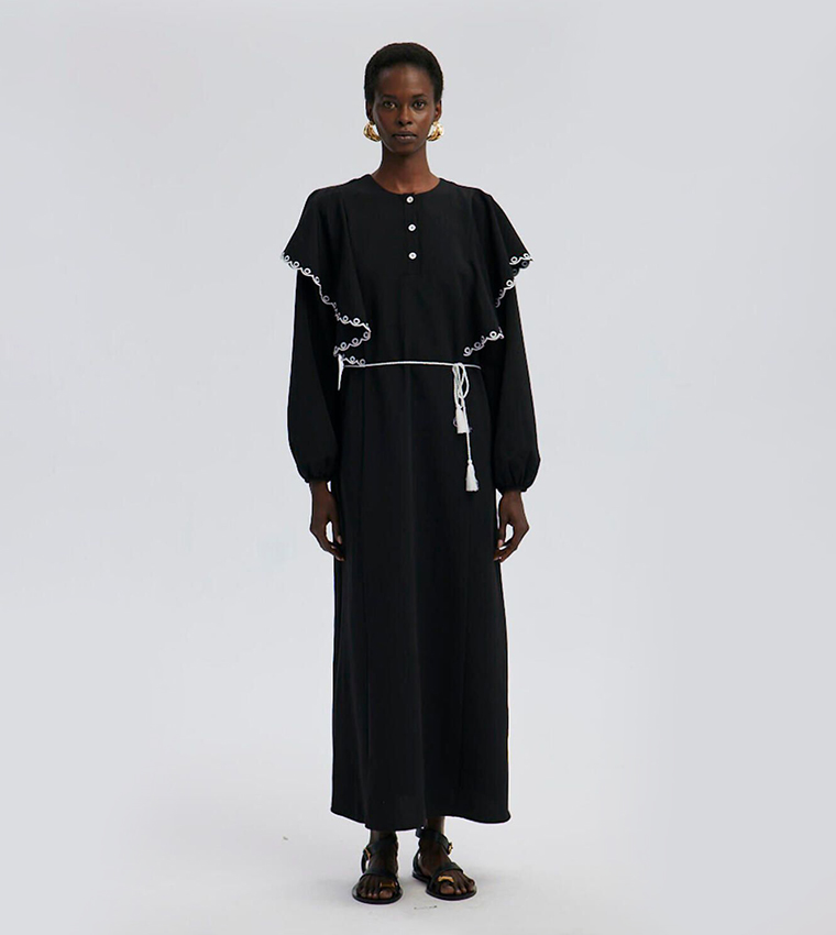 Embroidered Trim Long Sleeves Maxi Dress