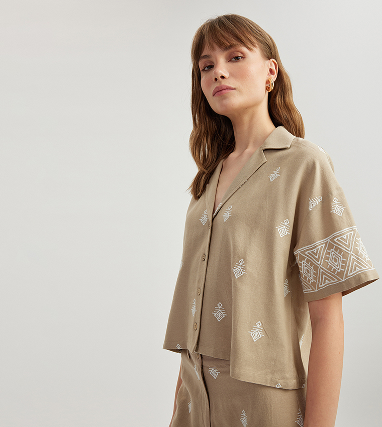 Embroidered Oversized Crop Shirt