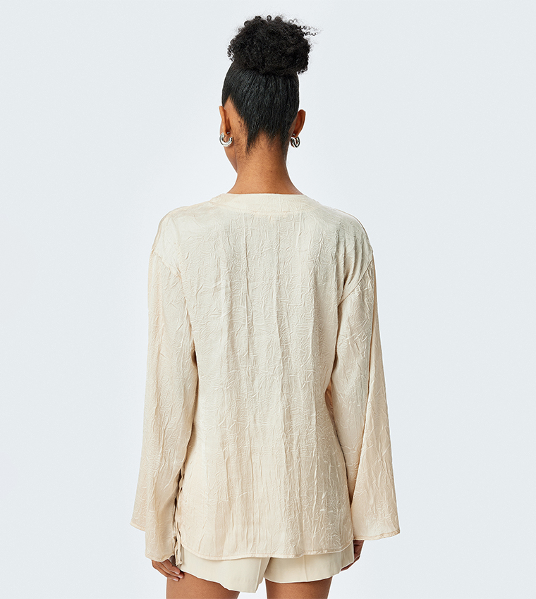 Textured Long Sleeves Satin Wrap Top