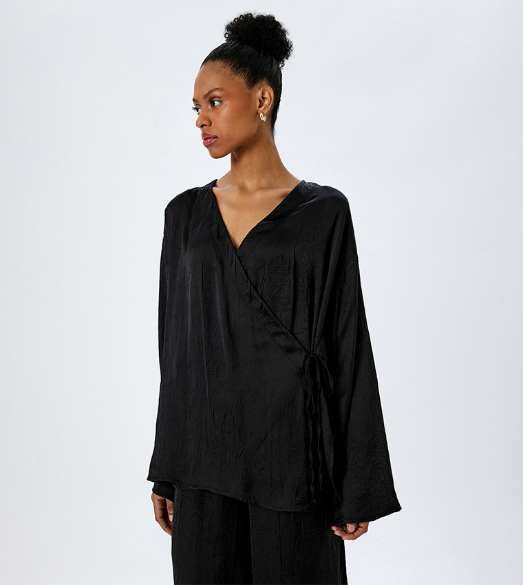 Textured Long Sleeves Satin Wrap Top
