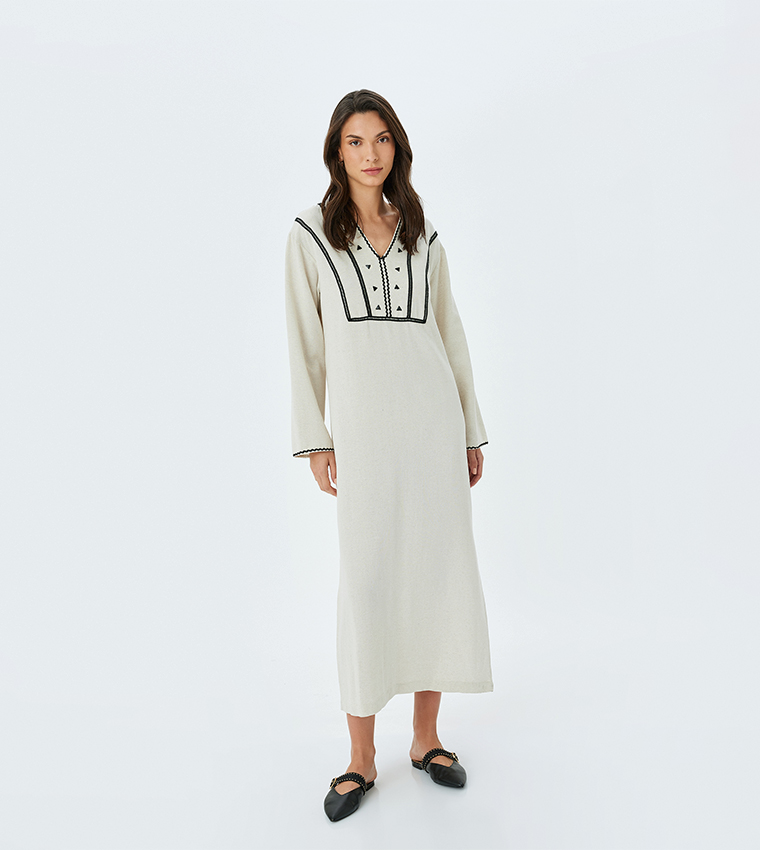 Contrast Detail Long Sleeves Midi Dress