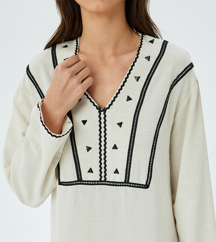 Contrast Detail Long Sleeves Midi Dress