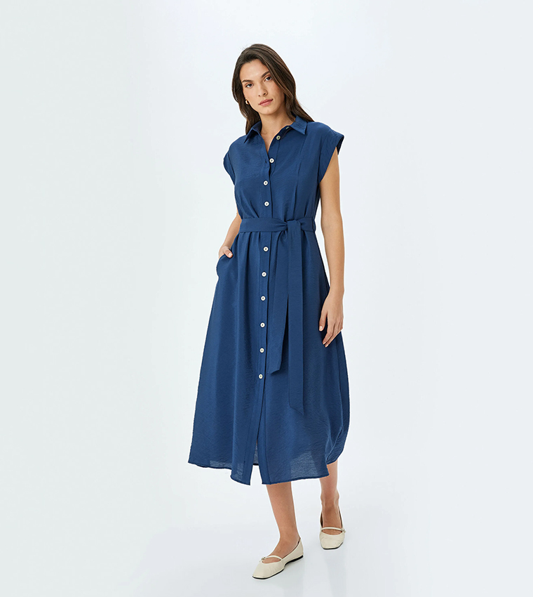 Solid Cap Sleeves Shirt Dress