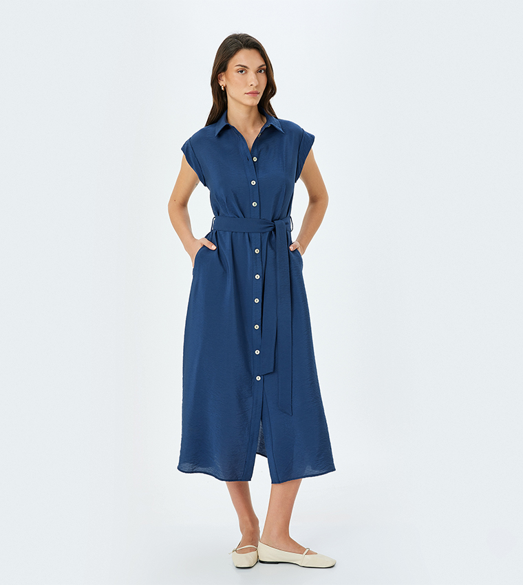 Solid Cap Sleeves Shirt Dress