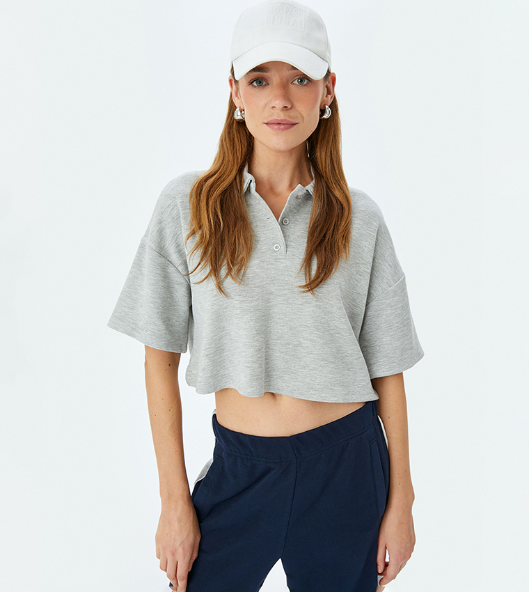 Textured Short Sleeves Crop Polo T-Shirt