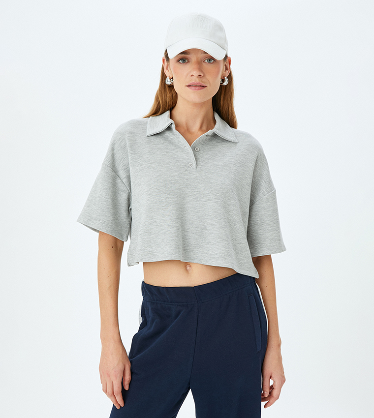 Textured Short Sleeves Crop Polo T-Shirt