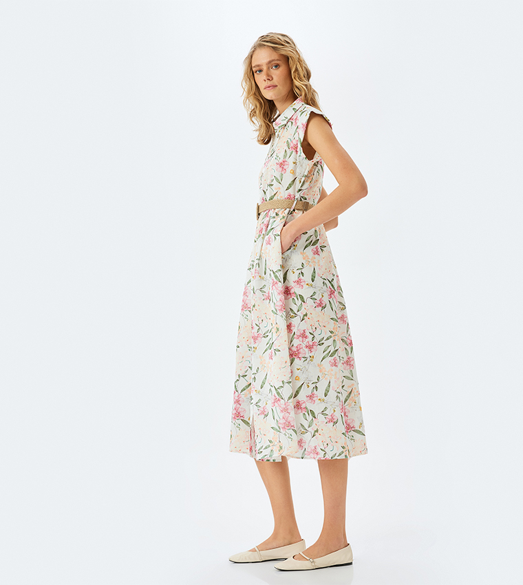 Floral Printed Cap Sleeves Shirt Dress