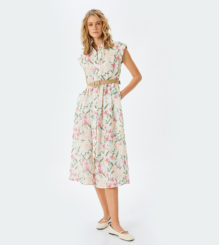 Floral Printed Cap Sleeves Shirt Dress