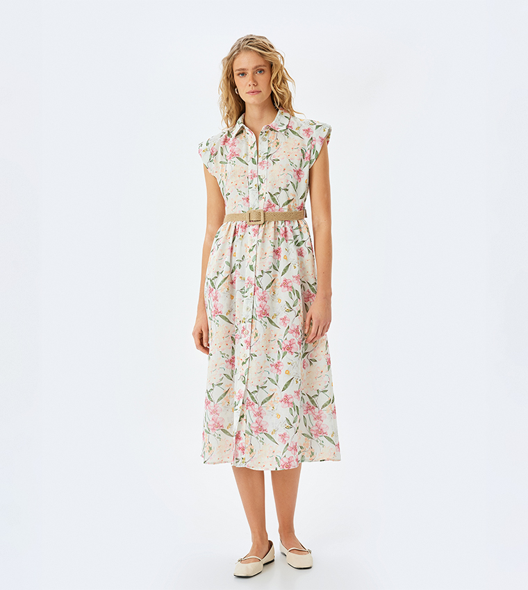 Floral Printed Cap Sleeves Shirt Dress