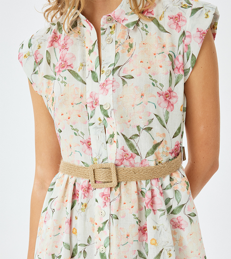 Floral Printed Cap Sleeves Shirt Dress