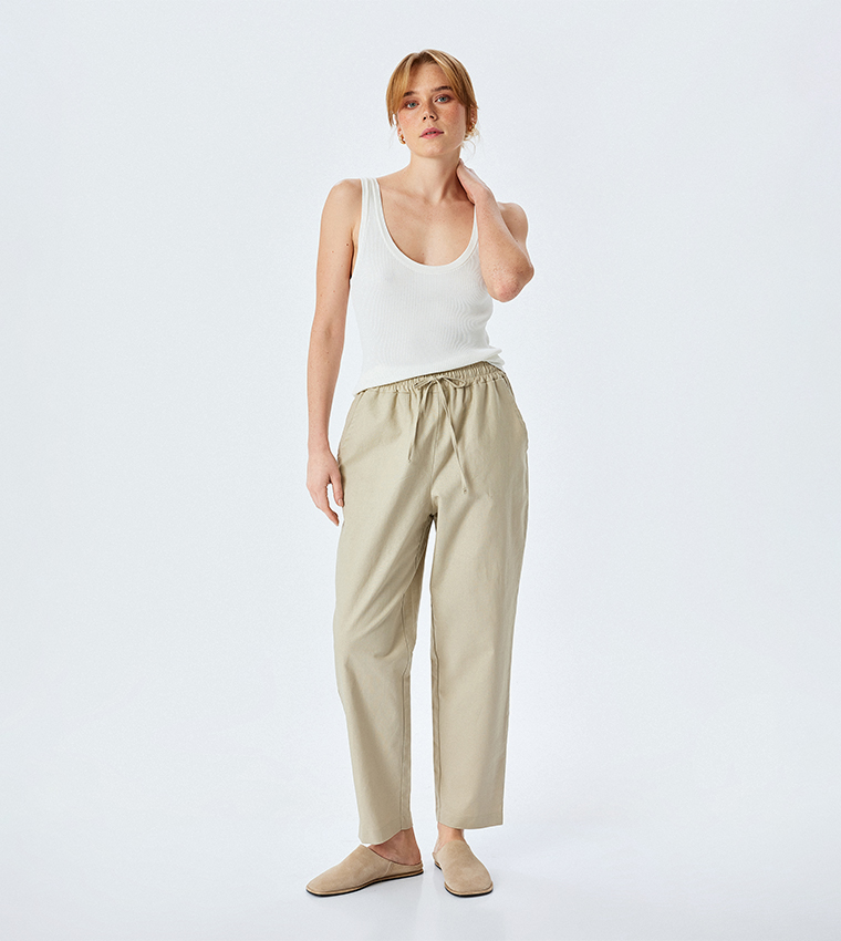 Solid Elastic Waist Tapered Fit Trousers