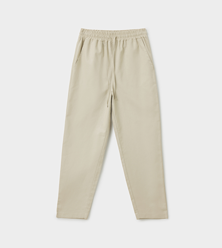 Solid Elastic Waist Tapered Fit Trousers