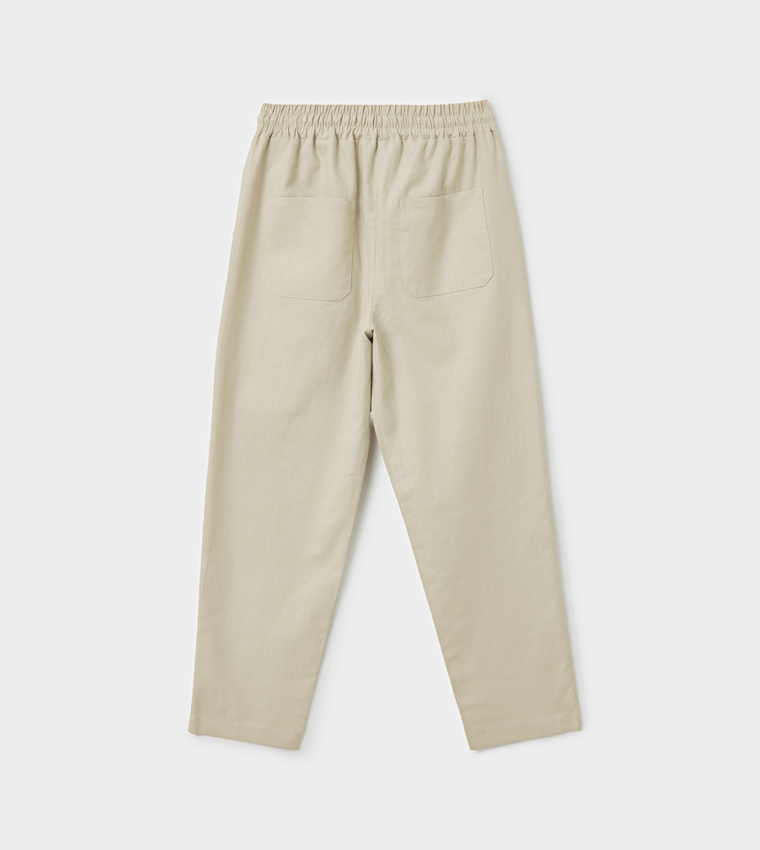 Solid Elastic Waist Tapered Fit Trousers