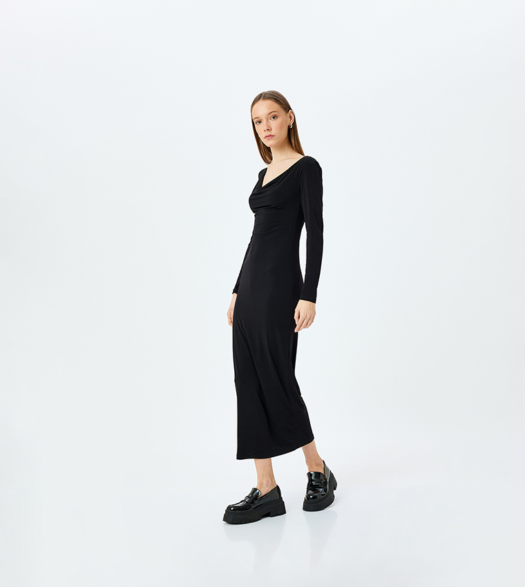 Solid Long Sleeves Draped Midi Dress