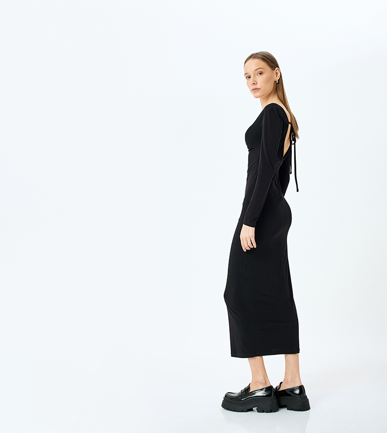 Solid Long Sleeves Draped Midi Dress