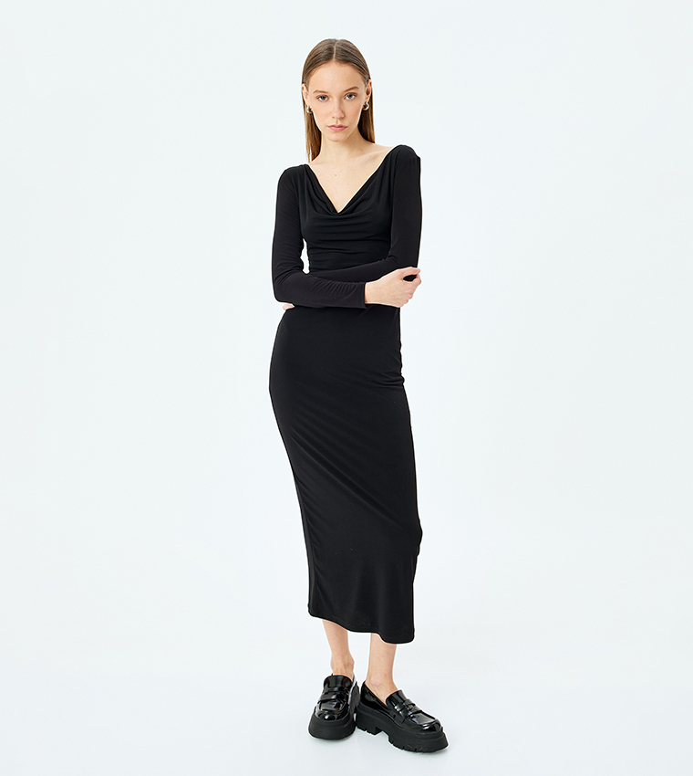Solid Long Sleeves Draped Midi Dress