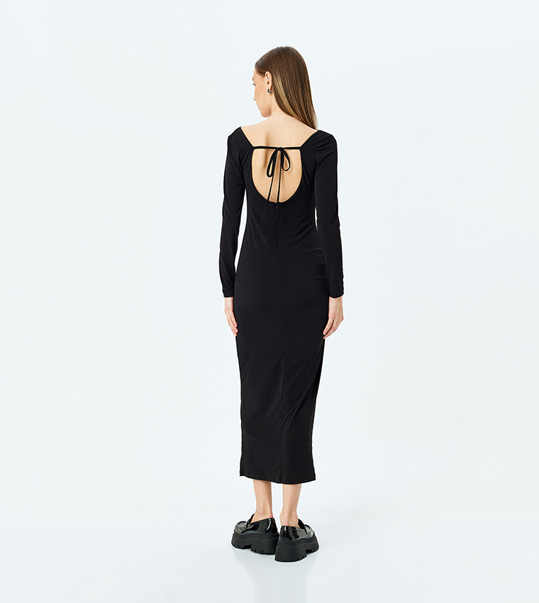 Solid Long Sleeves Draped Midi Dress