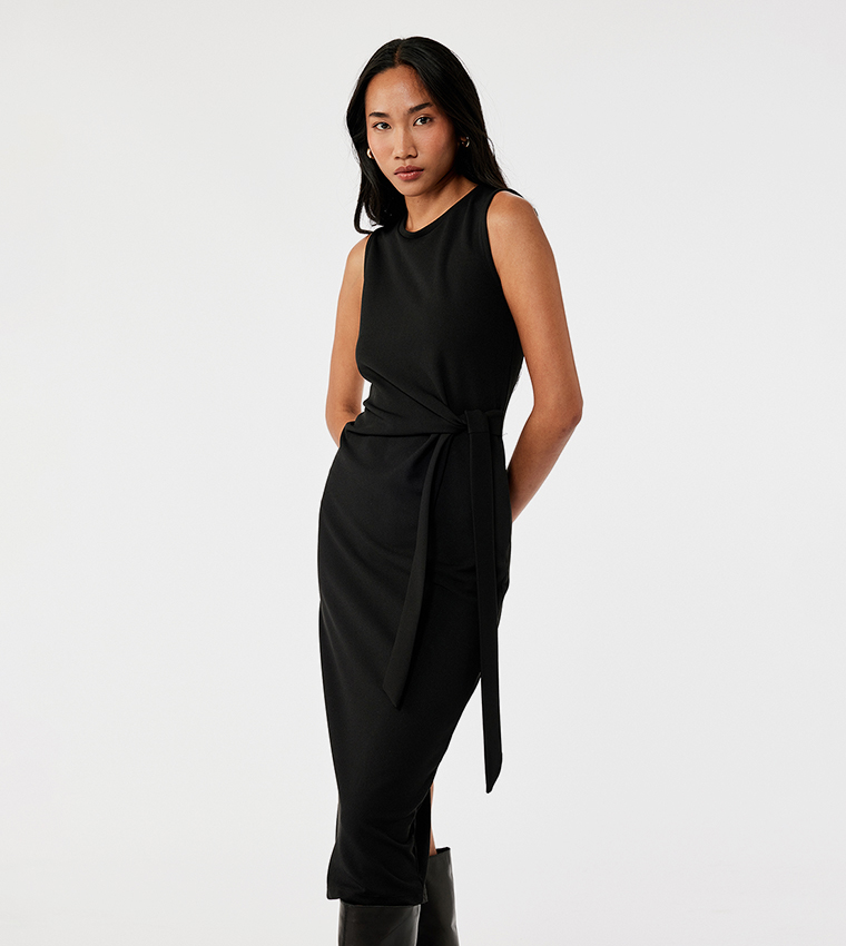 Belted Crew Neck Sleeveless Midi Dress