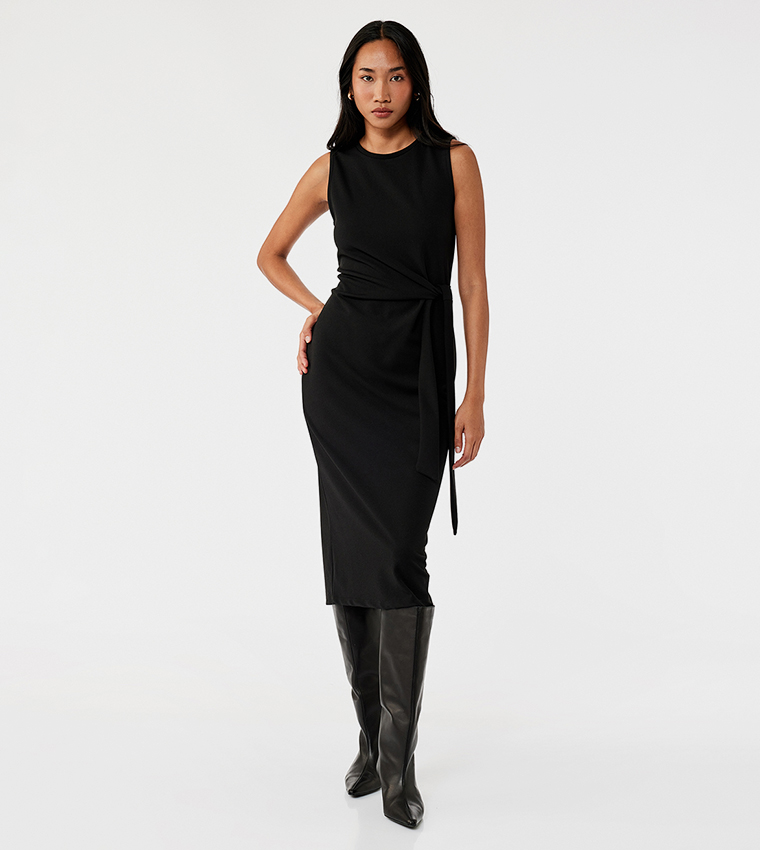 Belted Crew Neck Sleeveless Midi Dress