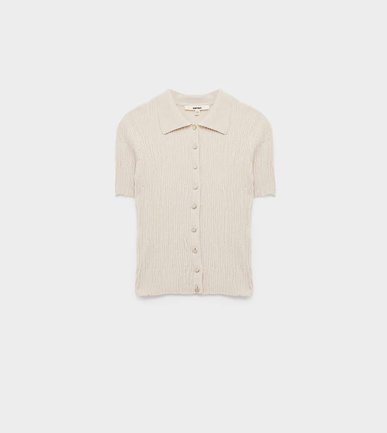 Textured Collared Short Sleeves Sweater