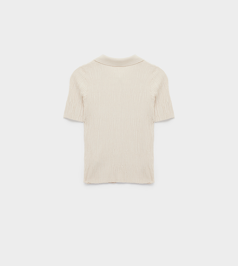 Textured Collared Short Sleeves Sweater