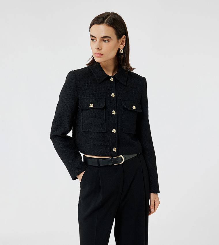 Button Detail Long Sleeves Tweed Jacket