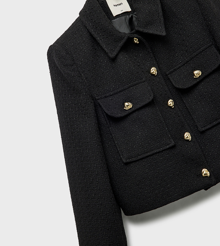 Button Detail Long Sleeves Tweed Jacket