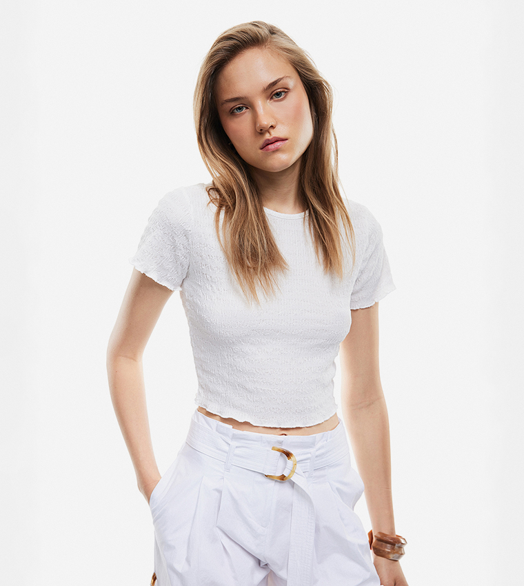 Textured Short Sleeves Crop Top