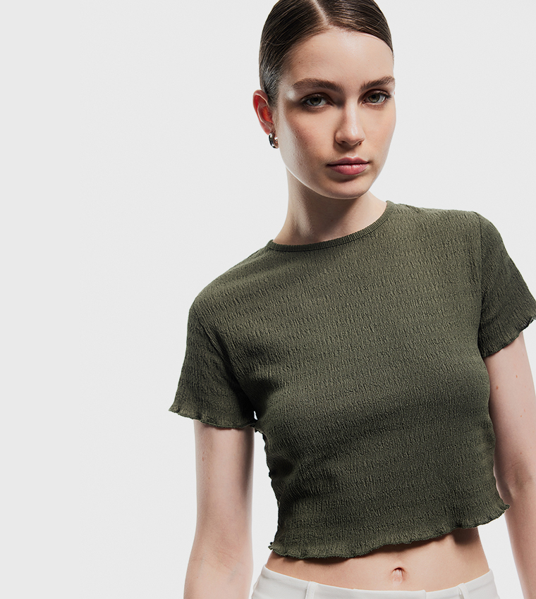 Textured Short Sleeves Crop Top