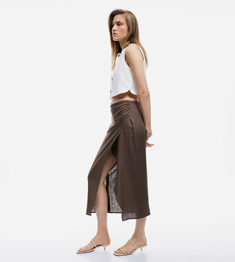Ruched Wrap Linen Midi Skirt