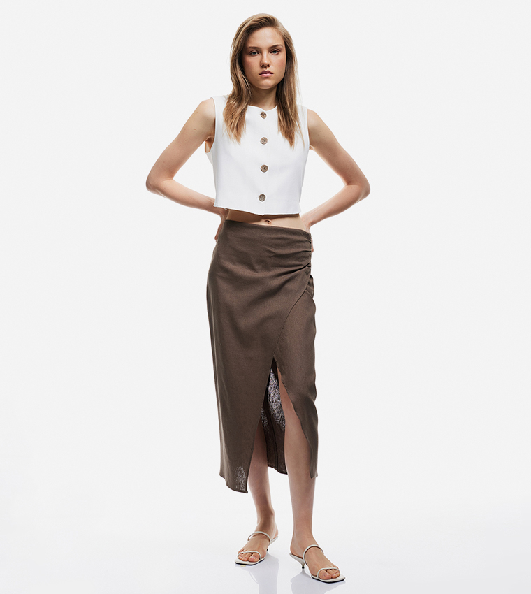Ruched Wrap Linen Midi Skirt