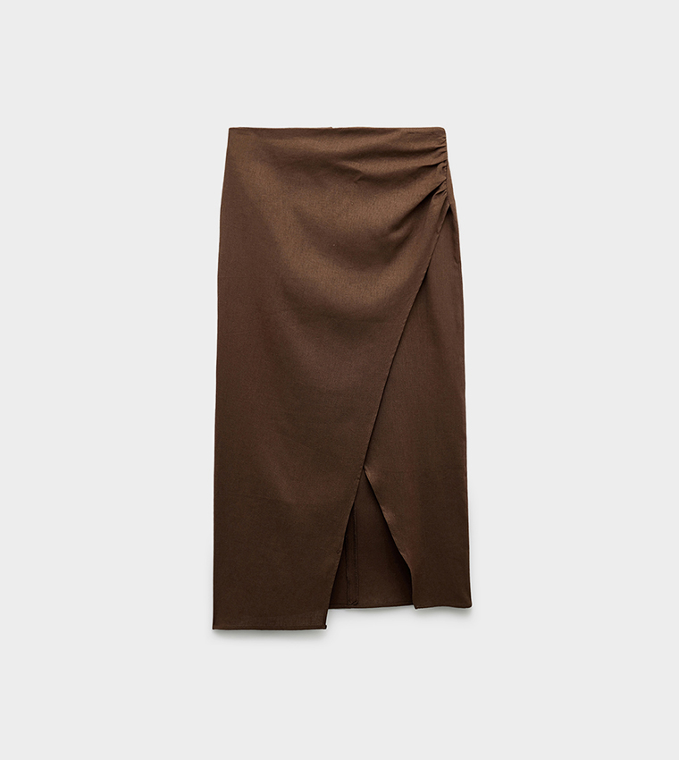 Ruched Wrap Linen Midi Skirt