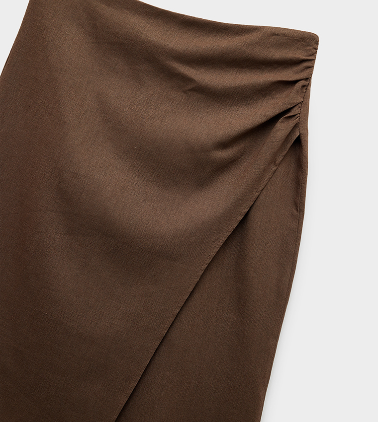Ruched Wrap Linen Midi Skirt