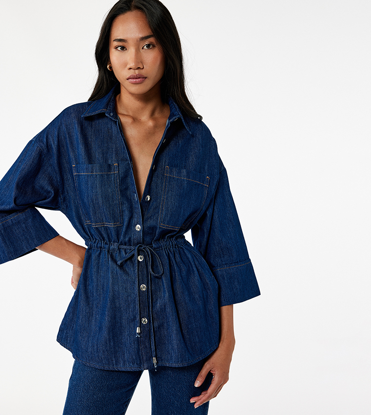 Drawstring Waist 3/4 Sleeves Denim Shirt