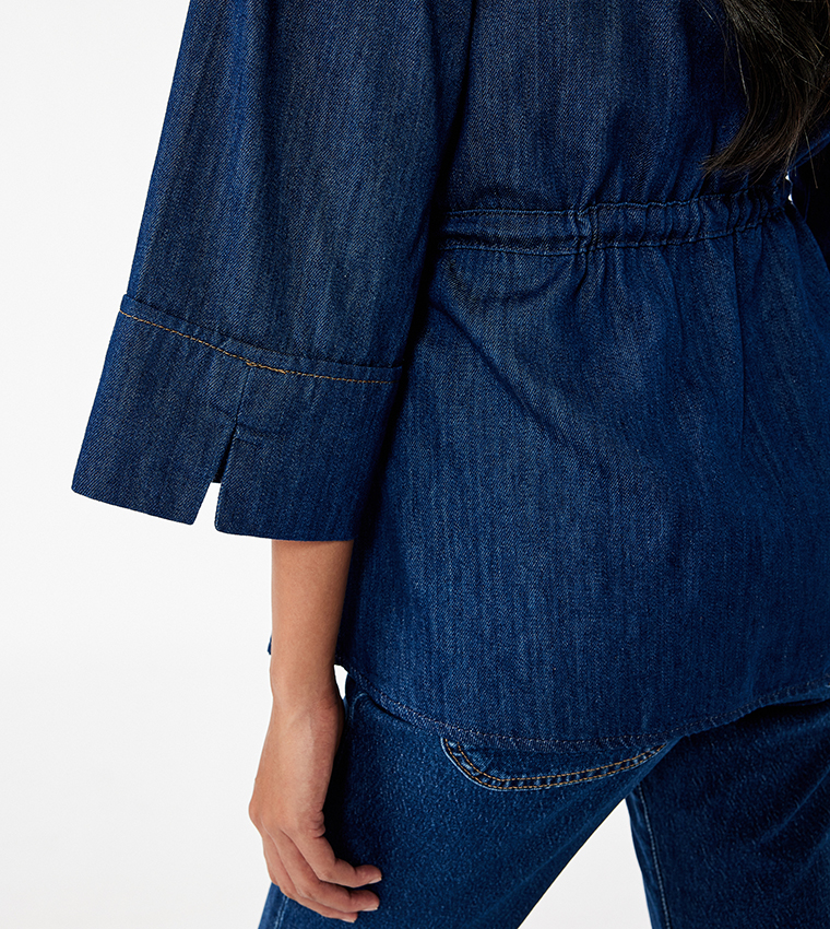 Drawstring Waist 3/4 Sleeves Denim Shirt